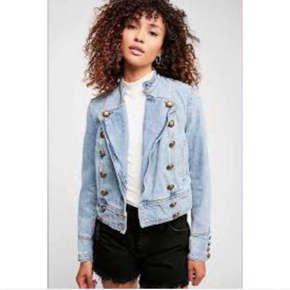 Free People Women's Military Moto Denim Jacket Size Small Rare Casual